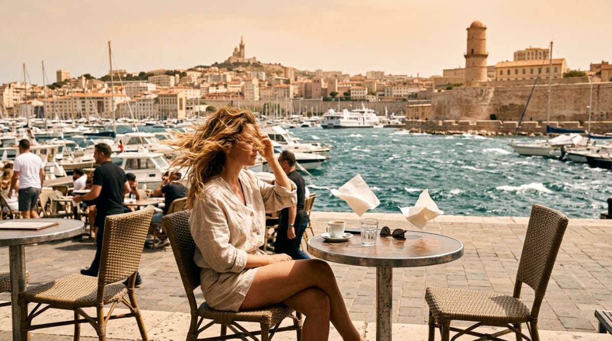 Terrasse balayée par le vent sur le Vieux-Port de Marseille