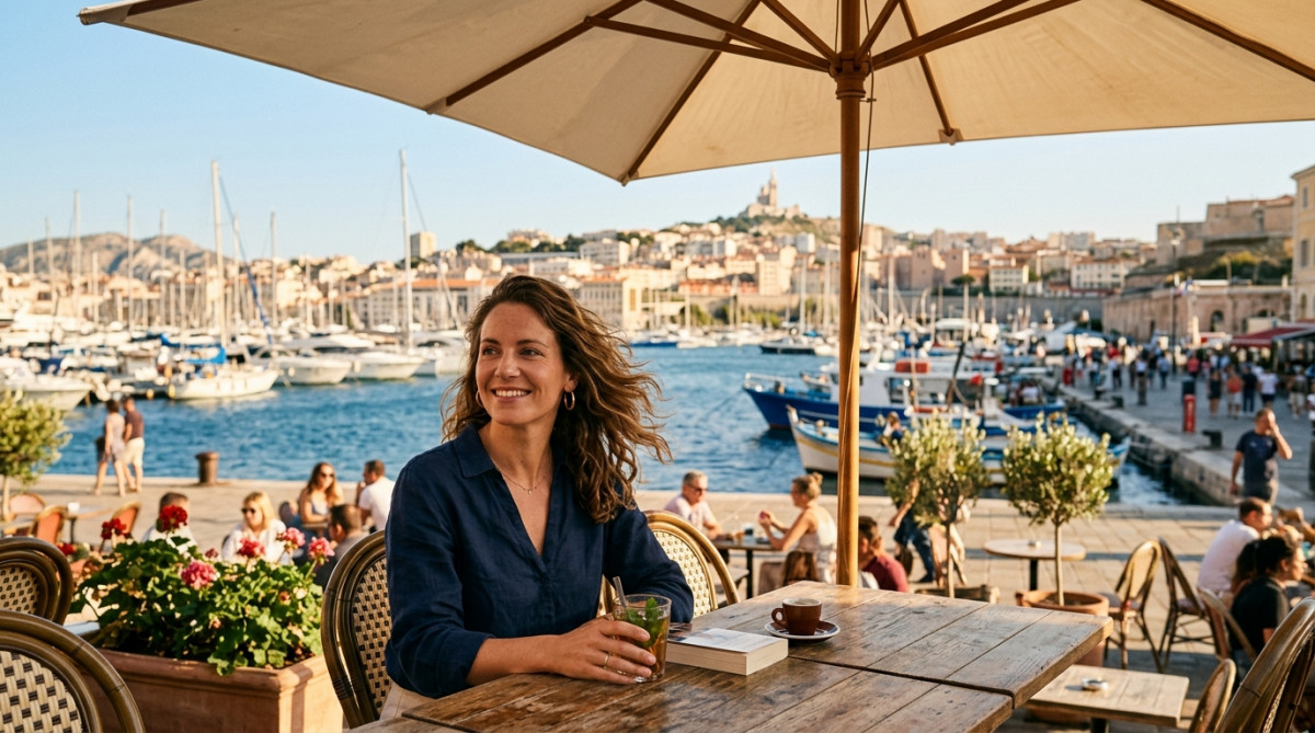 Terrasse de café à Marseille sous une chaleur modérée