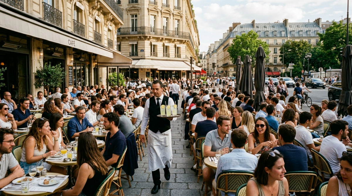 Terrasse de café parisien bondée en été avec serveur
