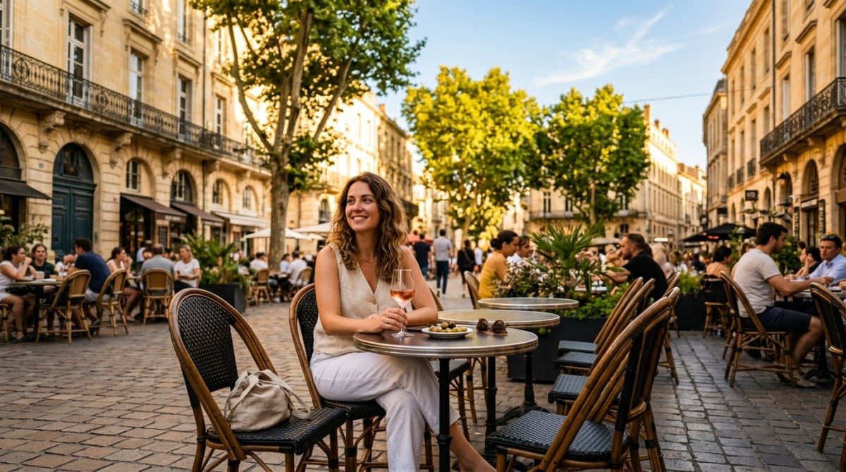Terrasse ensoleillée dans une ville du sud de la France