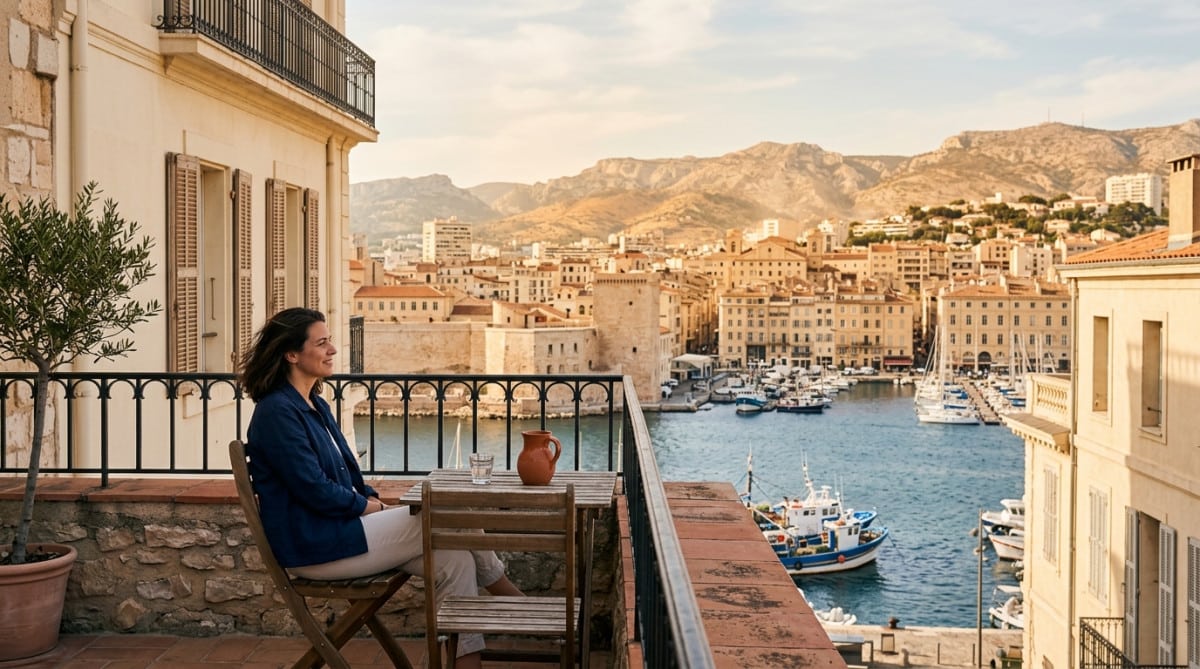 Terrasse fraîche à Marseille contrastant avec la chaleur intérieure