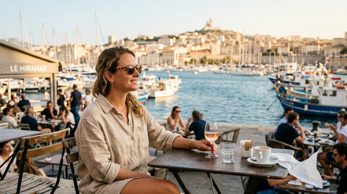 Terrasse ombragée au Vieux-Port de Marseille sous la brise