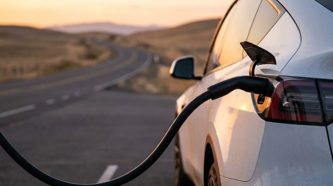 Tesla blanche branchée à un Superchargeur au coucher du soleil