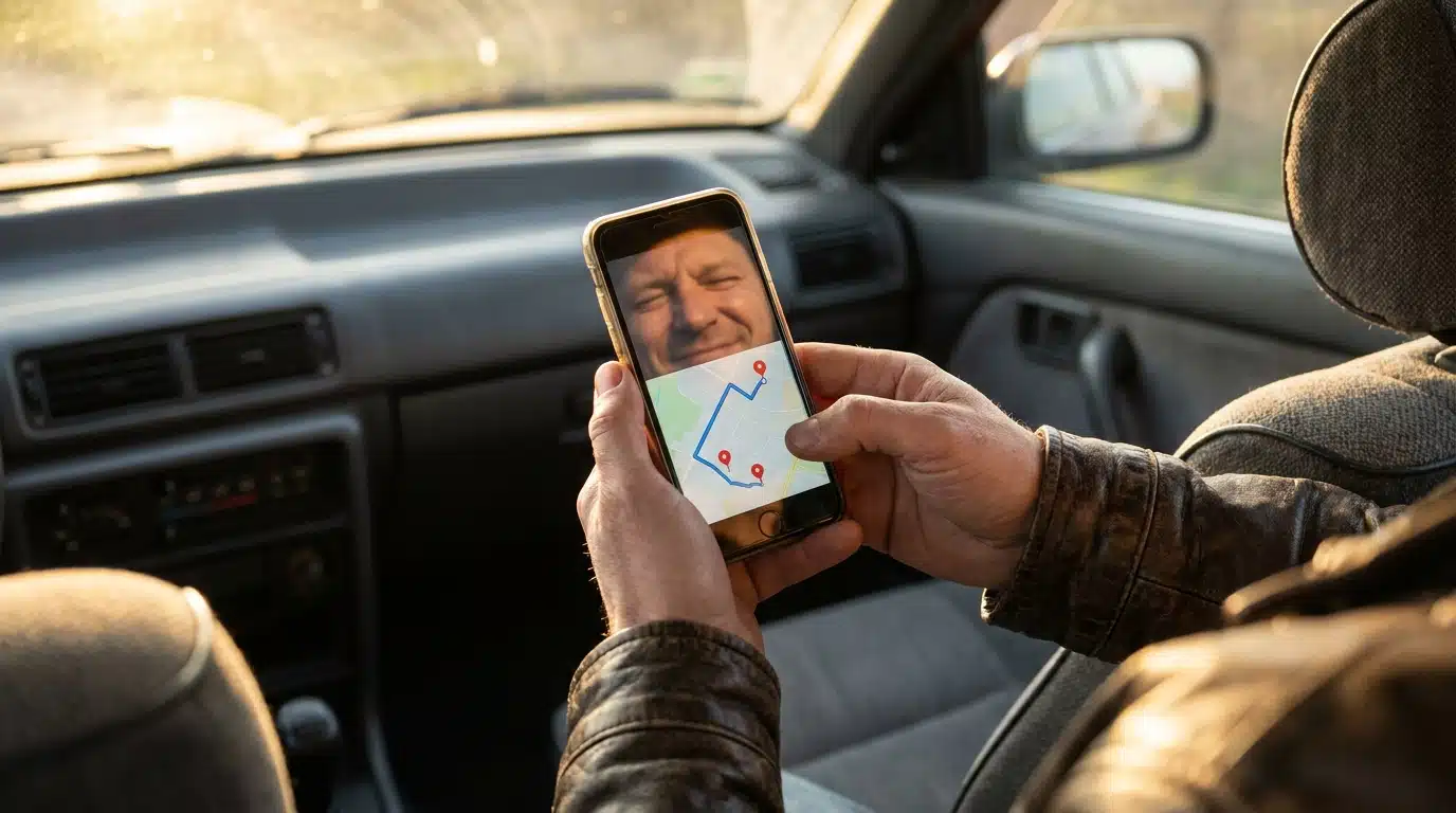 Mains tenant un smartphone avec carte routière dans un habitacle