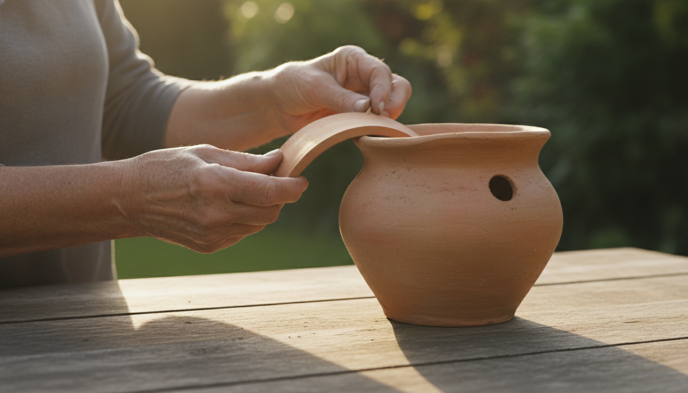 Mains posant un tesson de poterie au fond d'un pot en terre cuite