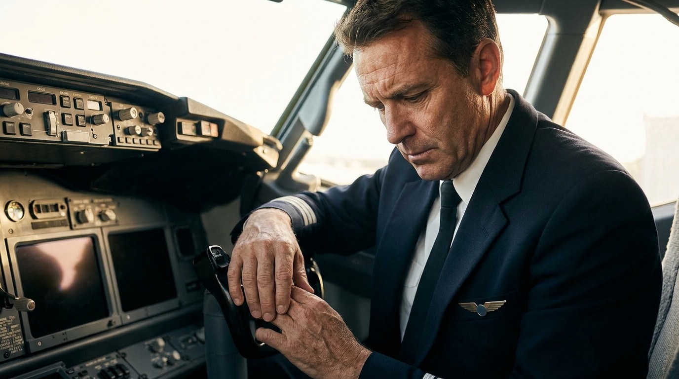 Pilote de ligne dans un cockpit, expression tendue