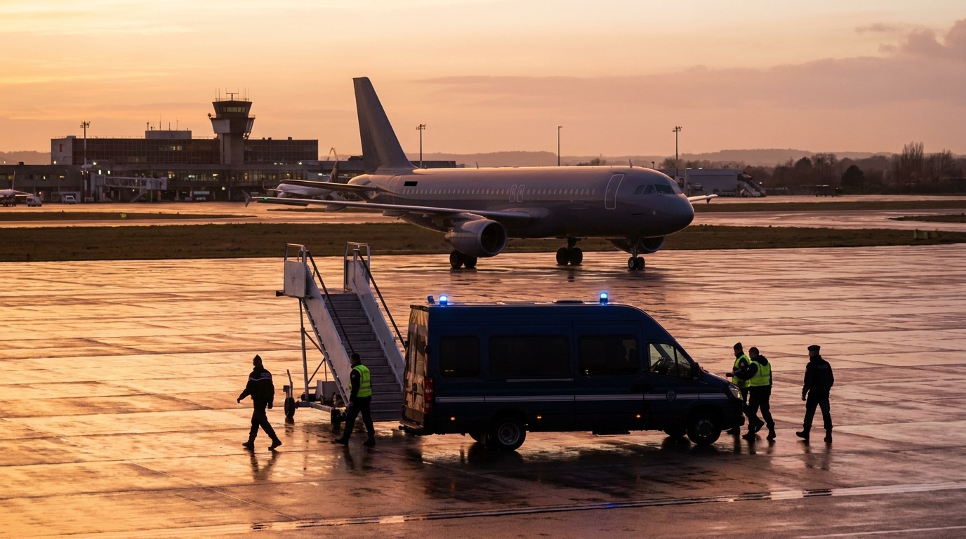 Véhicule de gendarmerie sur le tarmac d'un aéroport au crépuscule