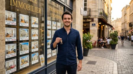 Théo agent immobilier devant une vitrine d'agence à Reims