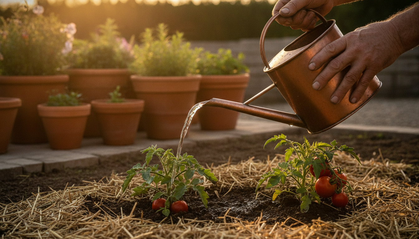 Maraîcher arrosant ses tomates au potager le soir
