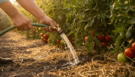 Jardinier arrosant des tomates au pied en été
