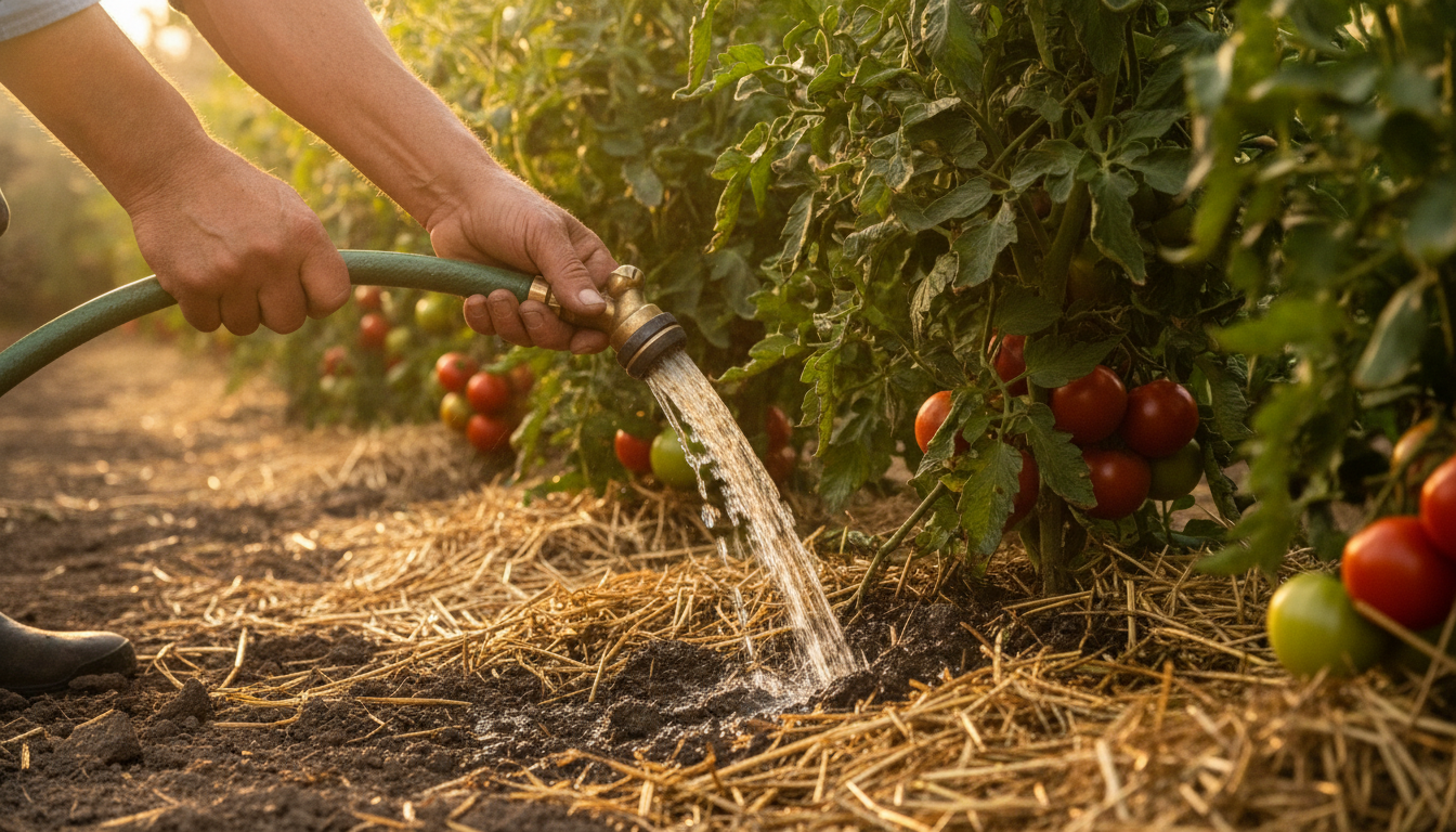 Jardinier arrosant des tomates au pied en été
