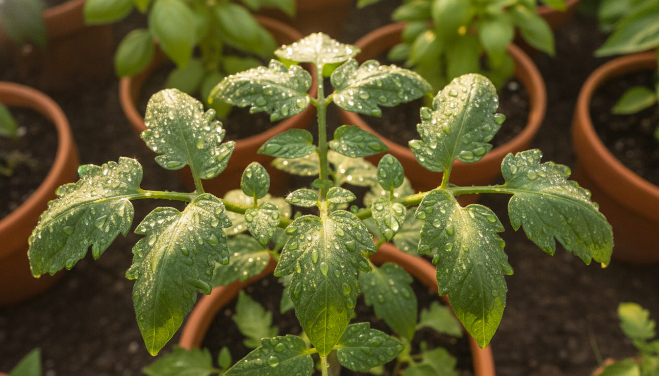 Gouttelettes d'eau sur feuilles de tomates au soleil