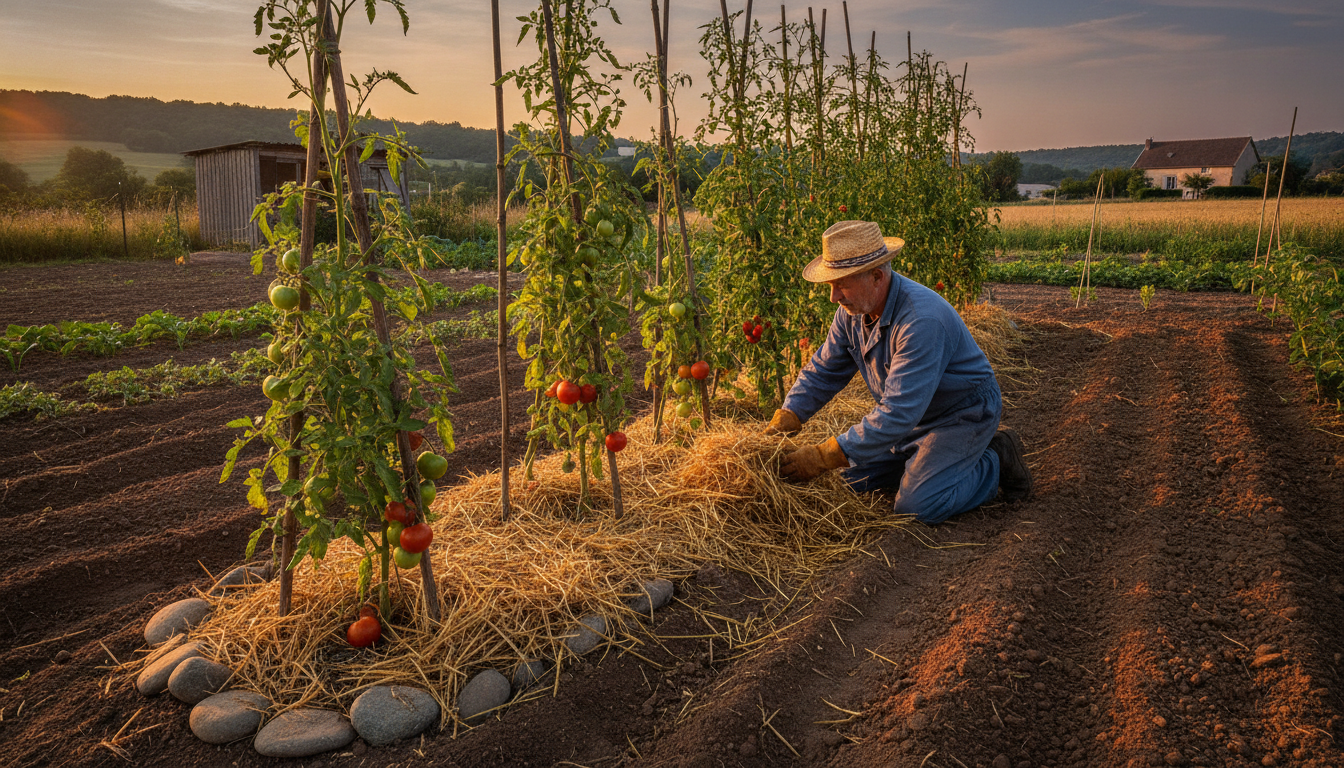 Maraîcher paillant le pied de plants de tomates