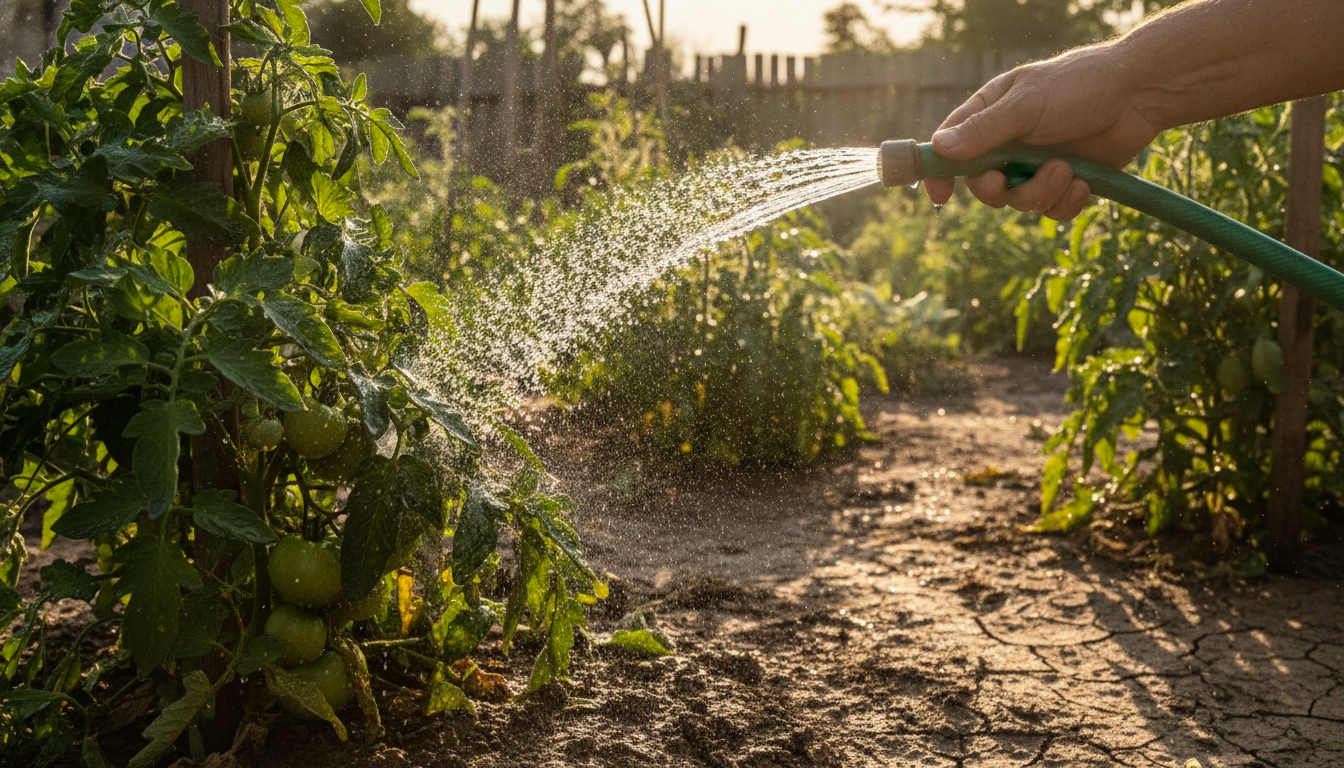 Arrosage de tomates en plein soleil avec tuyau d'arrosage