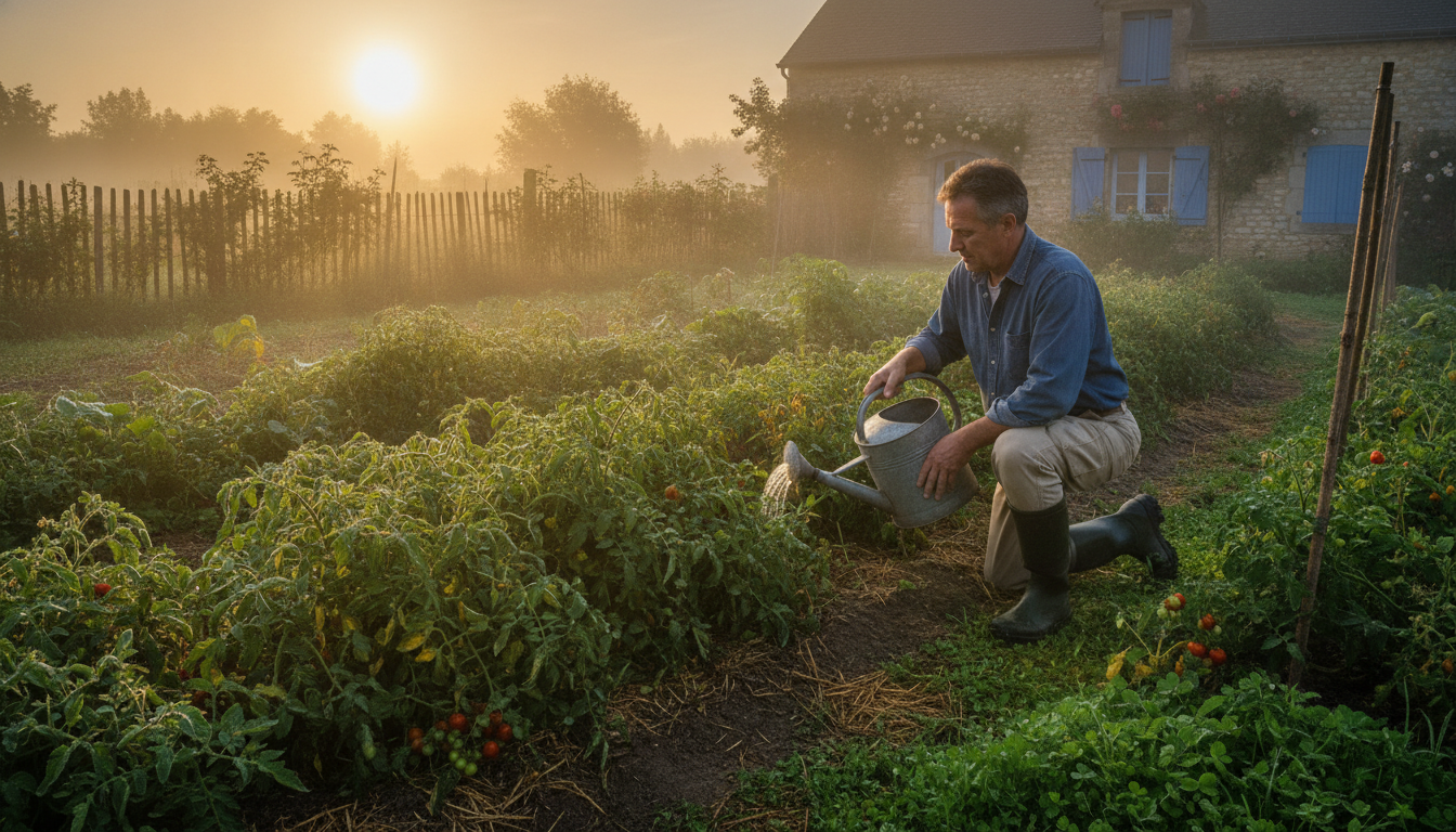 Jardinier arrosant ses tomates tôt le matin au lever du soleil