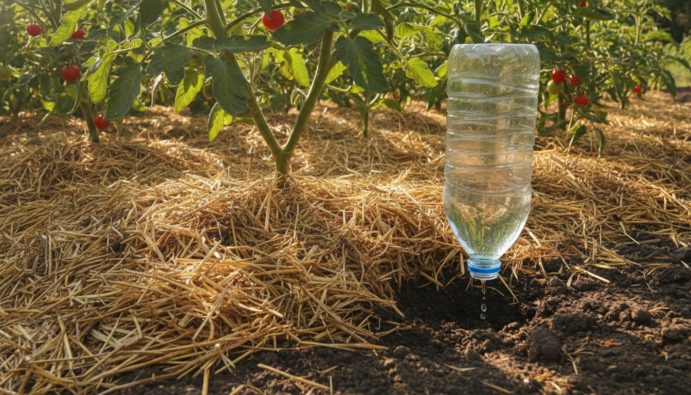 Paillage et bouteille retournée au pied d'un plant de tomate