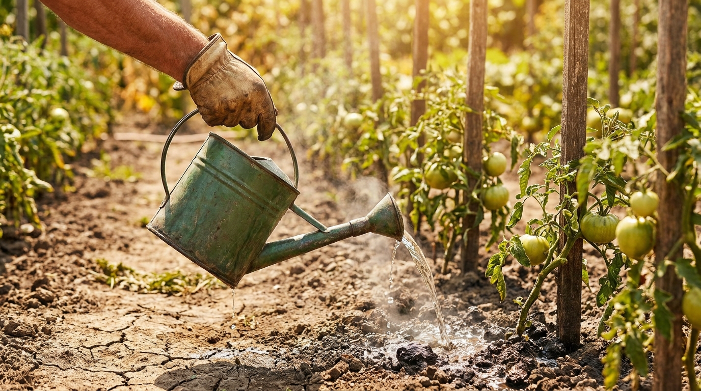Arrosage de tomates en plein soleil avec évaporation visible