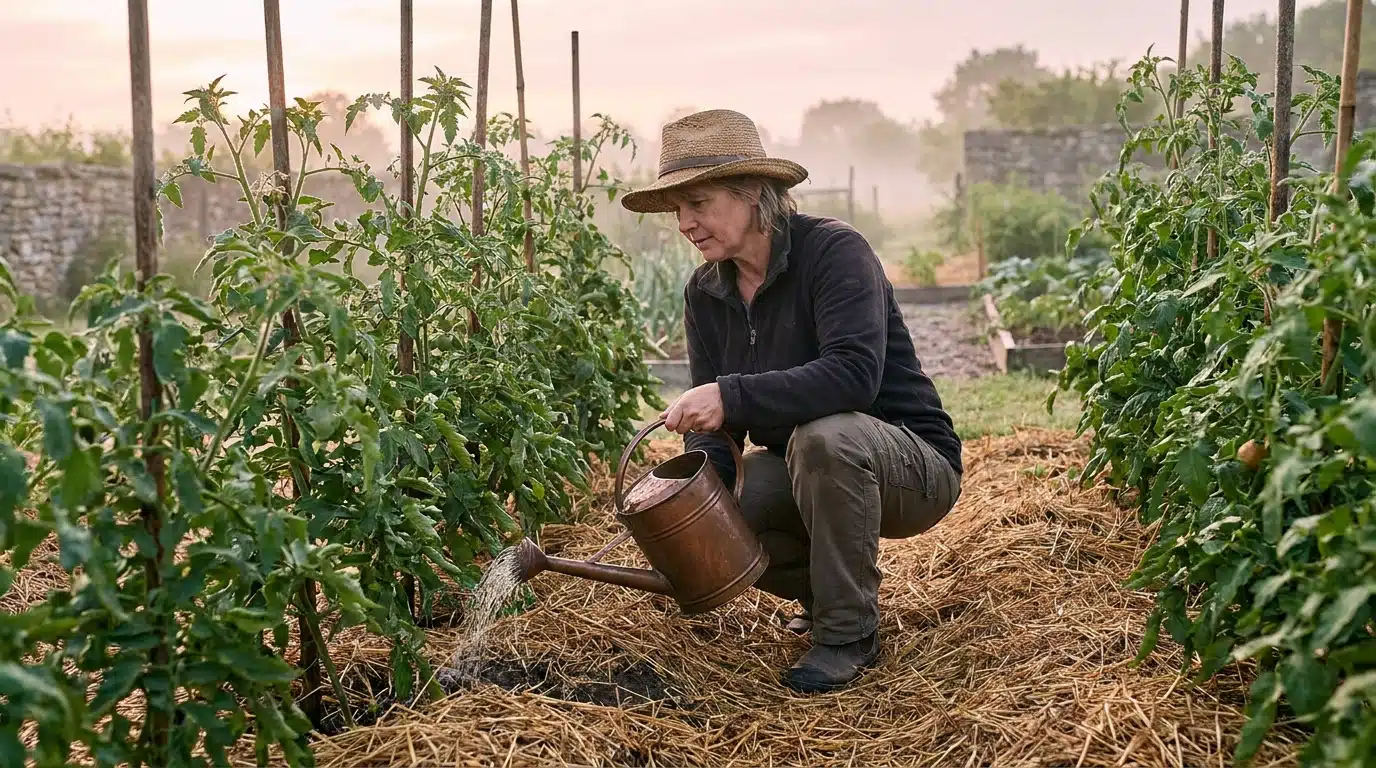 Jardinière arrosant ses tomates à l'aube dans un potager paillé