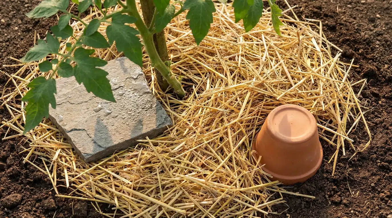 Paillage épais et pierre au pied d'un plant de tomate