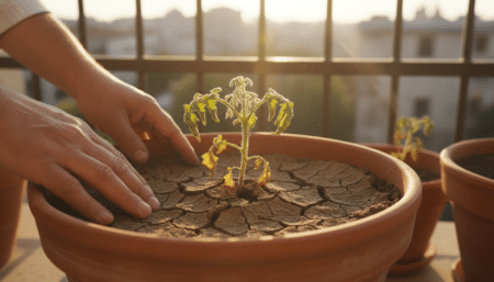 Terreau sec et fissuré dans un pot de tomates sur un balcon ensoleillé