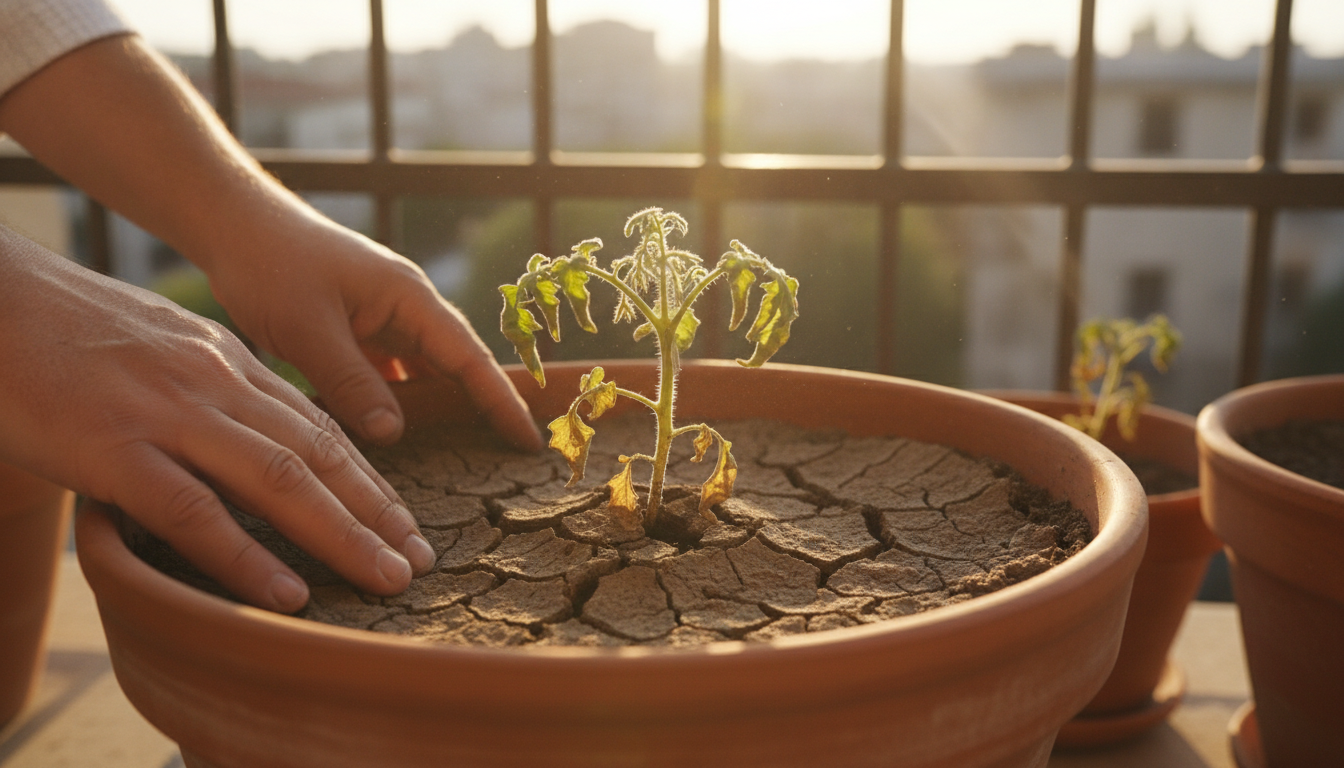 Terreau sec et fissuré dans un pot de tomates sur un balcon ensoleillé