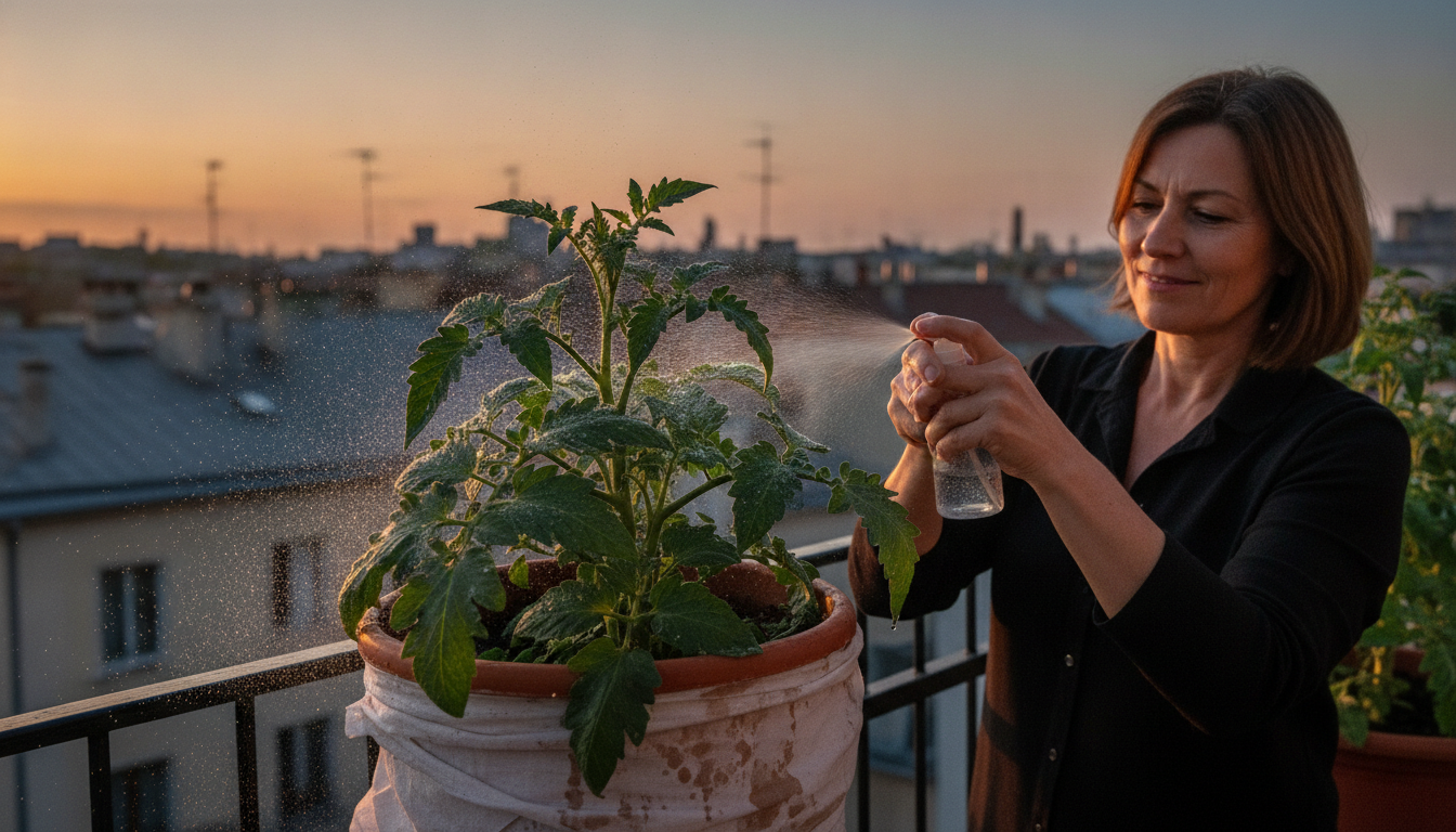 Femme brumisant ses tomates en pot le soir sur un balcon