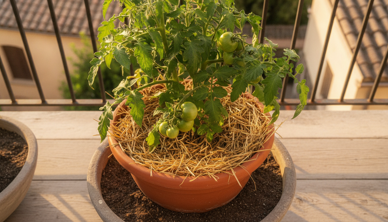 Paillage et double pot pour protéger les tomates de la canicule