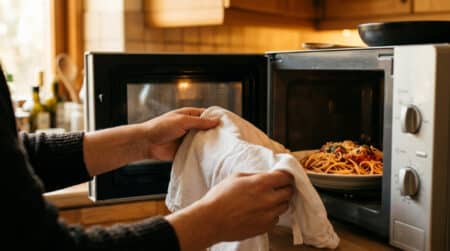 Torchon humide posé sur une assiette avant le micro-ondes