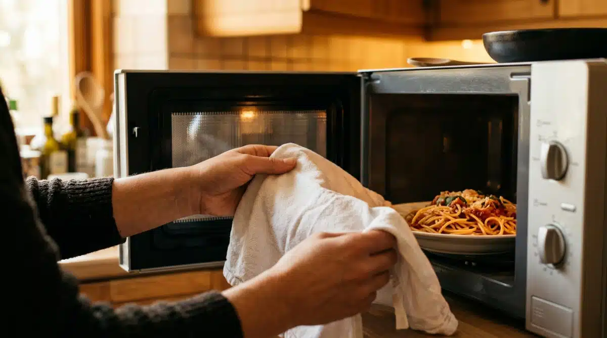 Torchon humide posé sur une assiette avant le micro-ondes