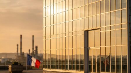 Siège social d'une multinationale reflétant le soleil couchant