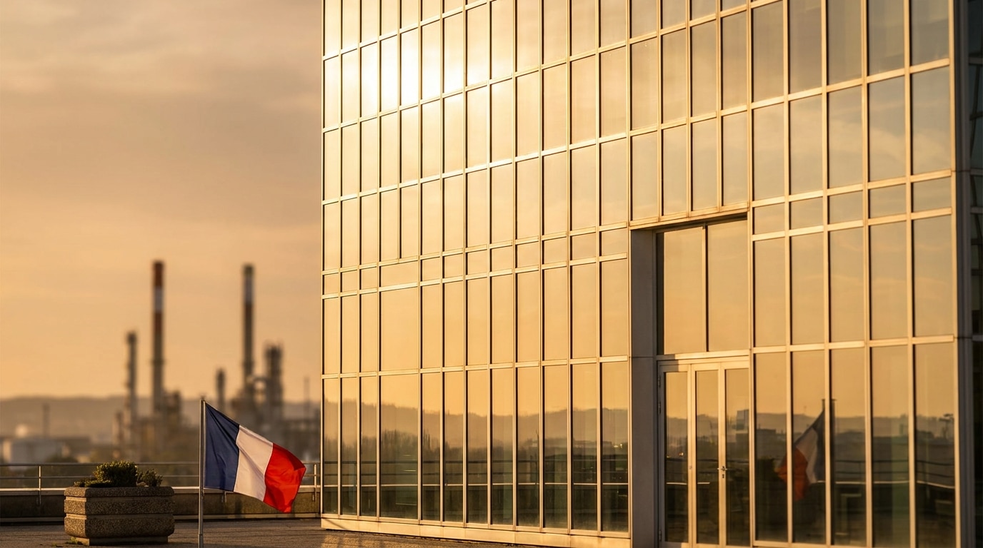 Siège social d'une multinationale reflétant le soleil couchant