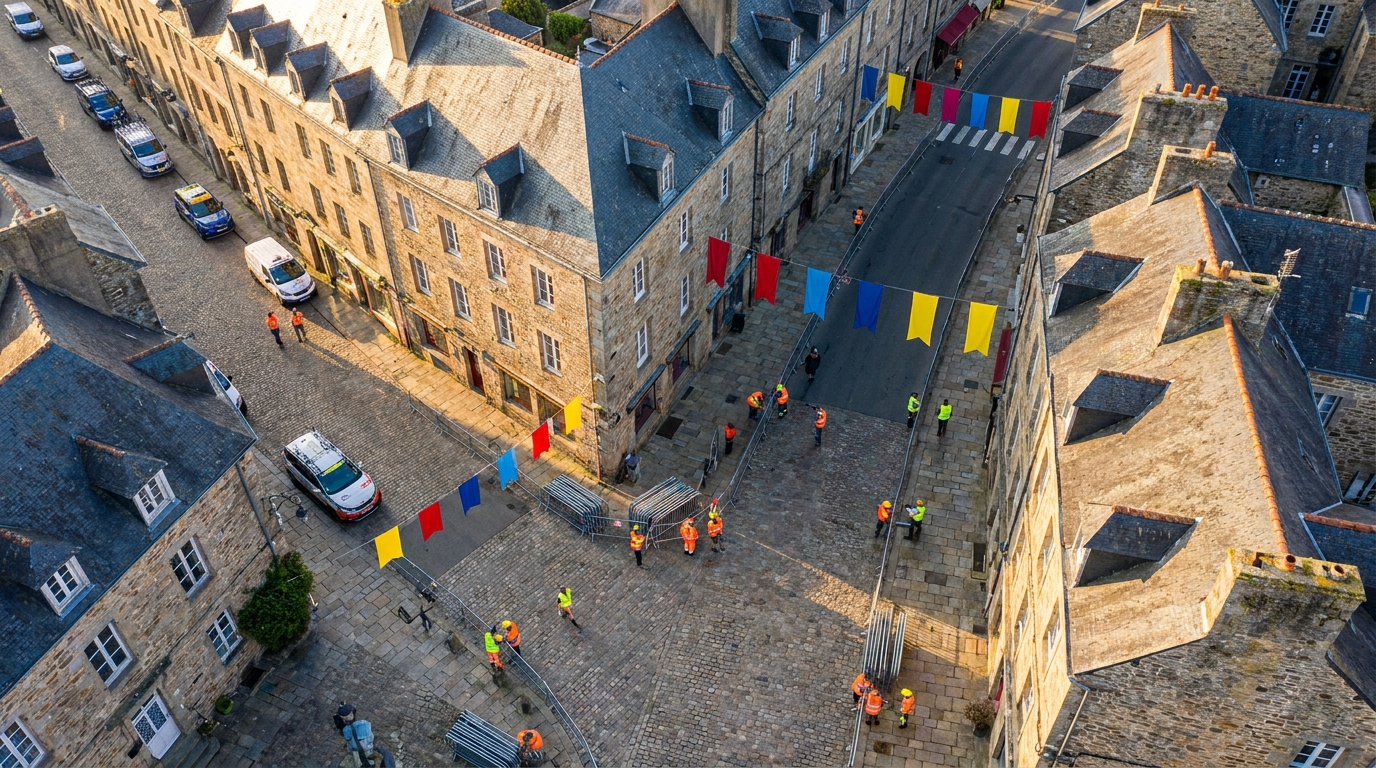 Préparation du Grand Départ du Tour de France en ville