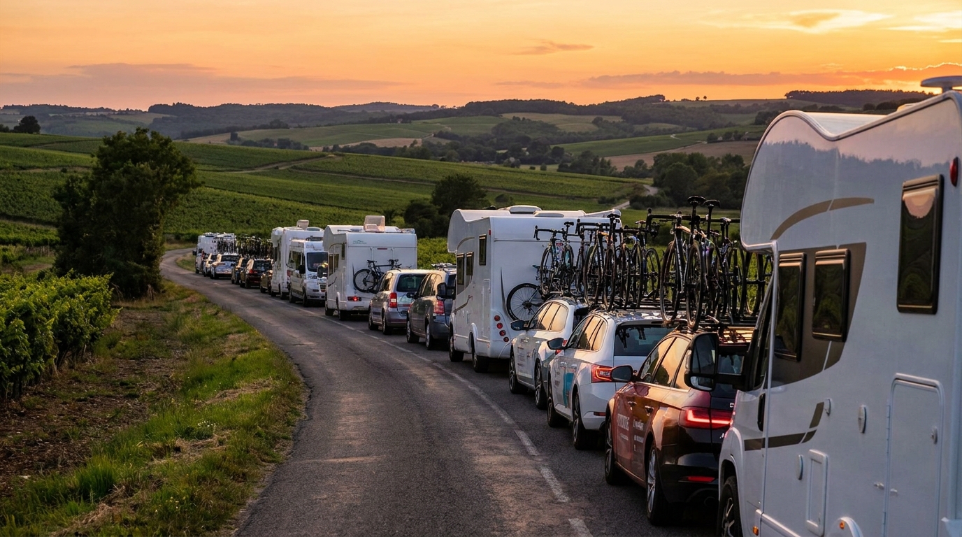 Convoi de véhicules d'équipes cyclistes sur une route