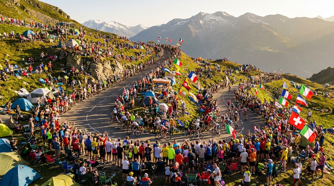 Foule massive de spectateurs dans un col de montagne