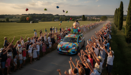Spectateurs attrapant des goodies de la caravane du Tour de France