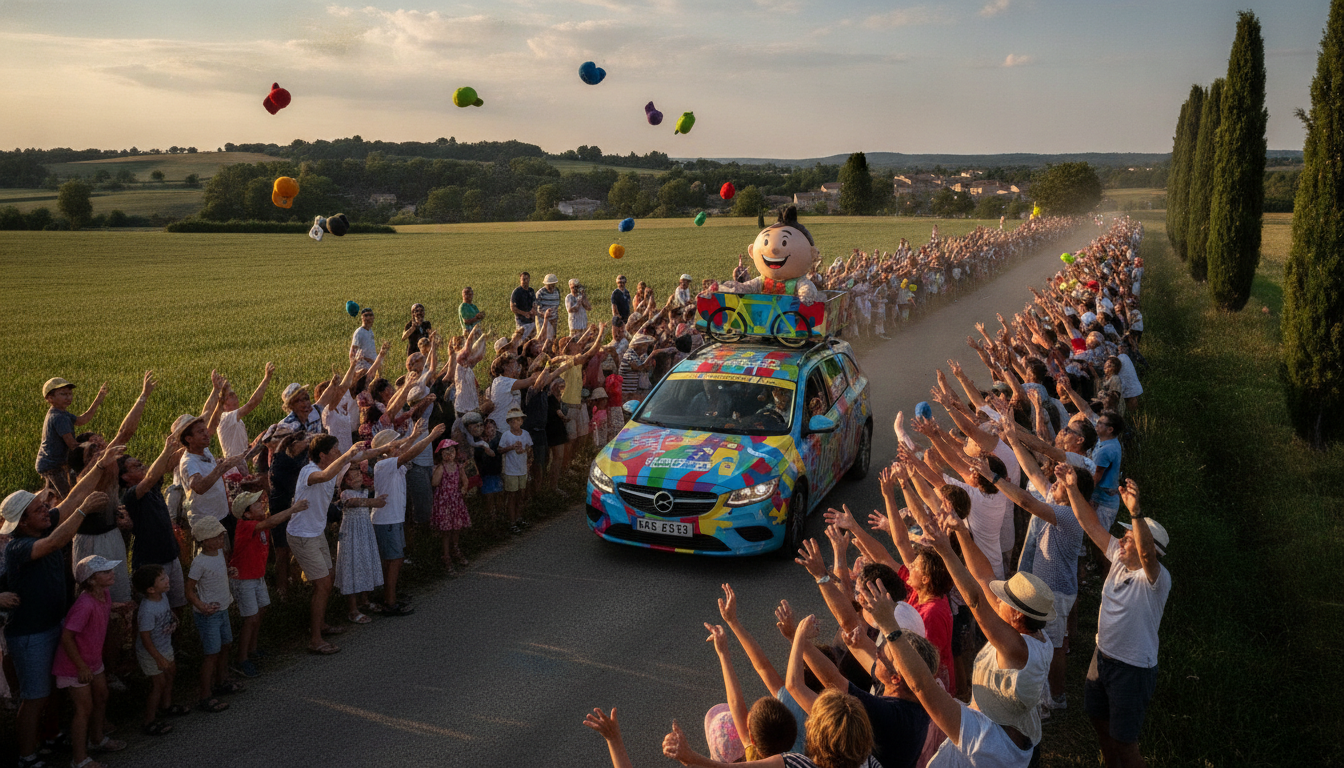 Spectateurs attrapant des goodies de la caravane du Tour de France
