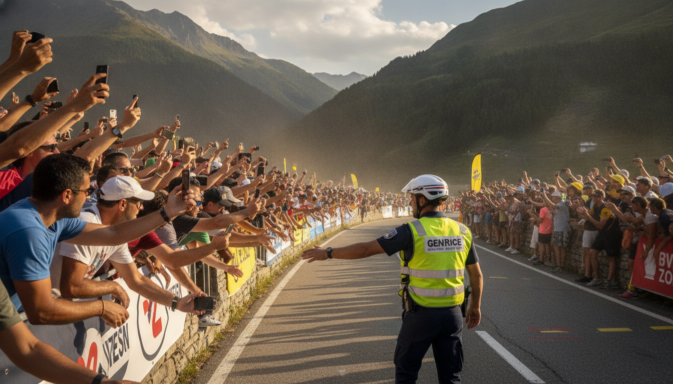 Foule de spectateurs au bord d'une route de montagne du Tour