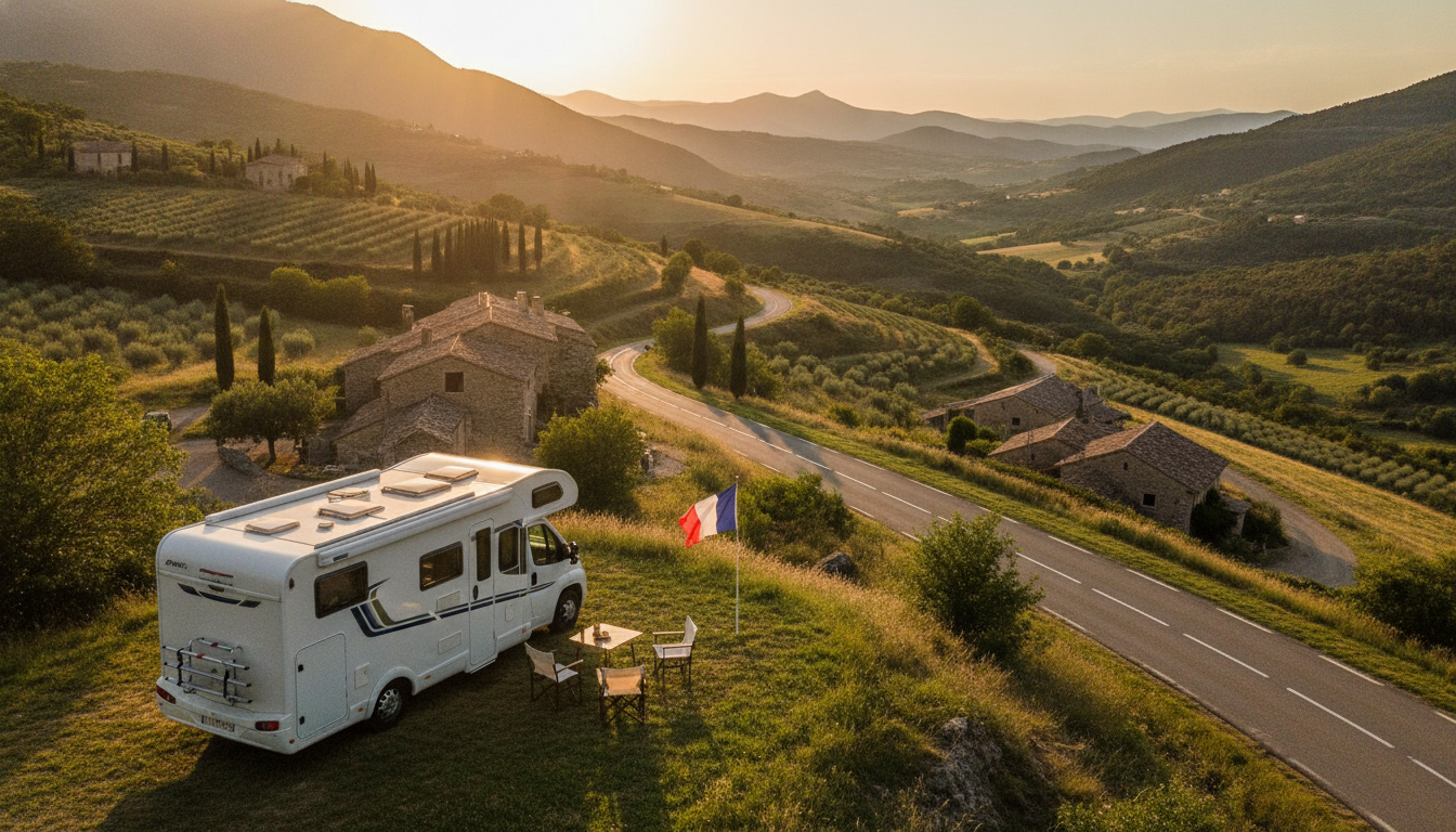 Camping-car stationné au bord du parcours du Tour de France