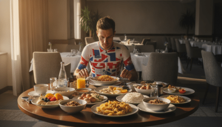 Coureur cycliste devant un petit-déjeuner copieux avant une étape du Tour