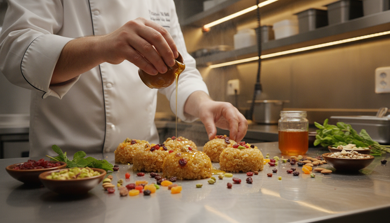 Chef d'équipe préparant des gâteaux de riz maison dans un camion-cuisine