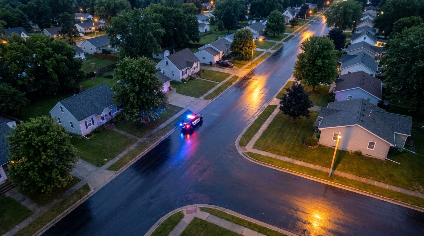 Rue résidentielle américaine avec lumières de police au crépuscule