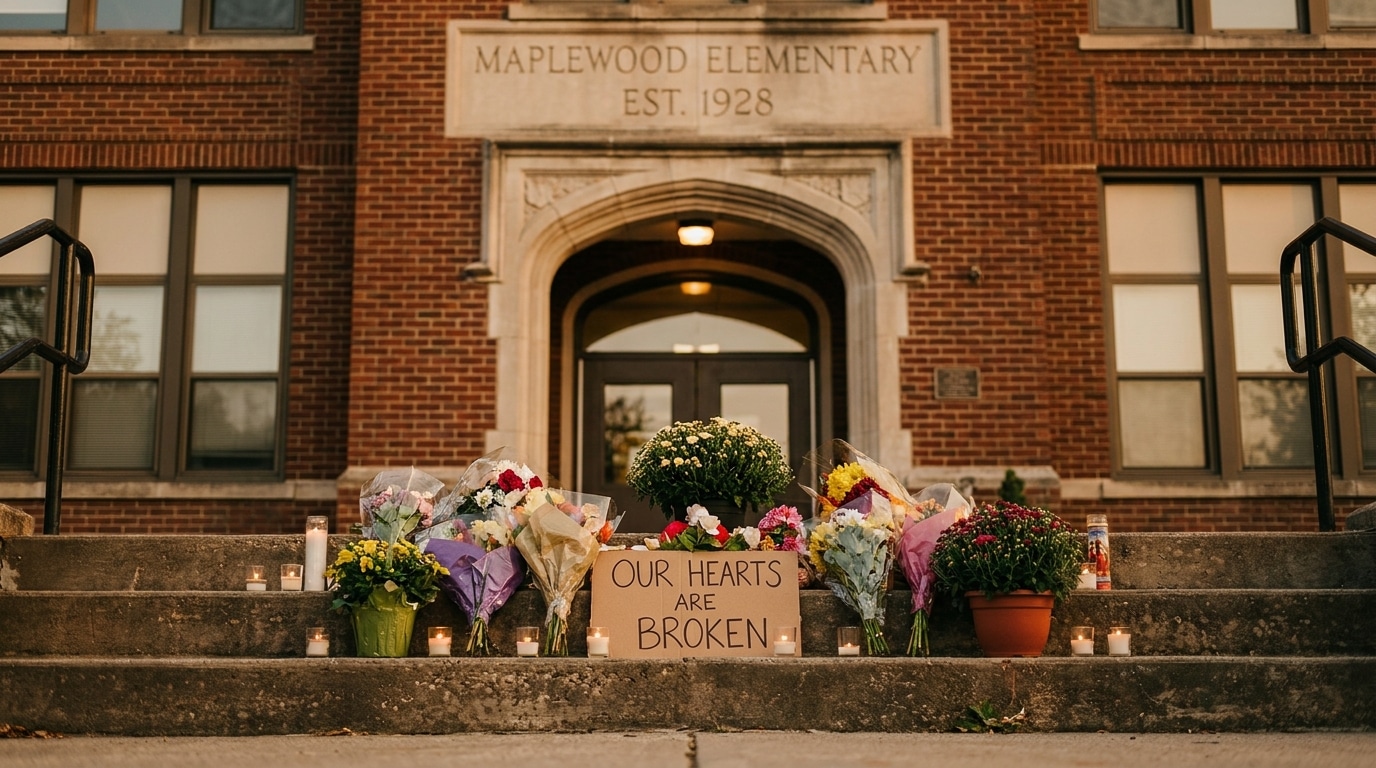 Mémorial de fleurs devant une école américaine