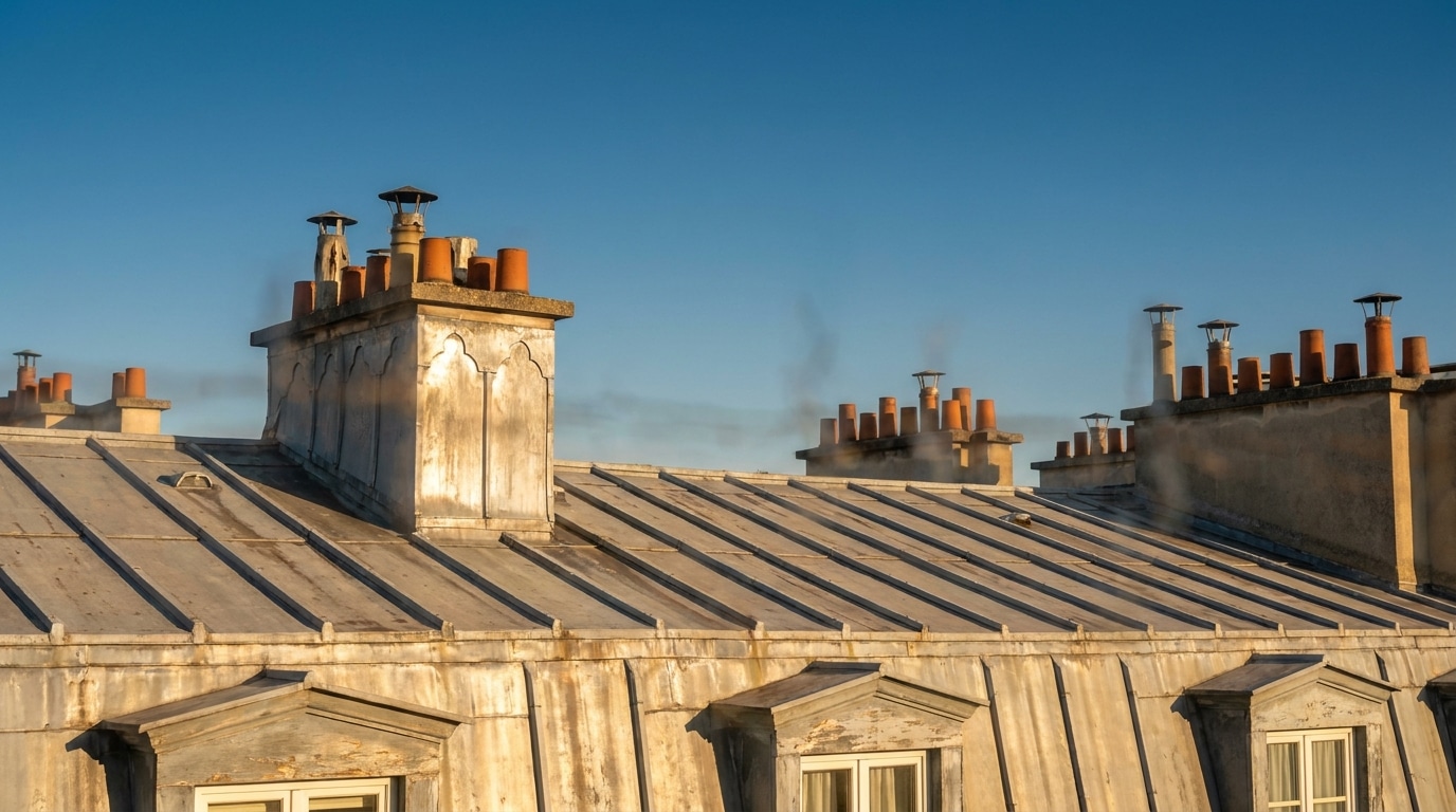 Toits en zinc parisiens sous un soleil de canicule