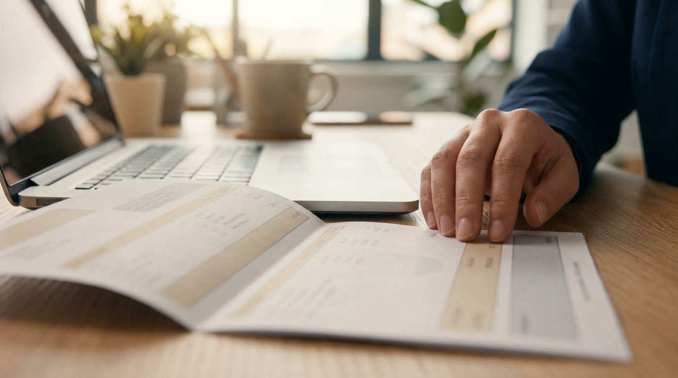 Fiche de paie ouverte posée sur un bureau moderne