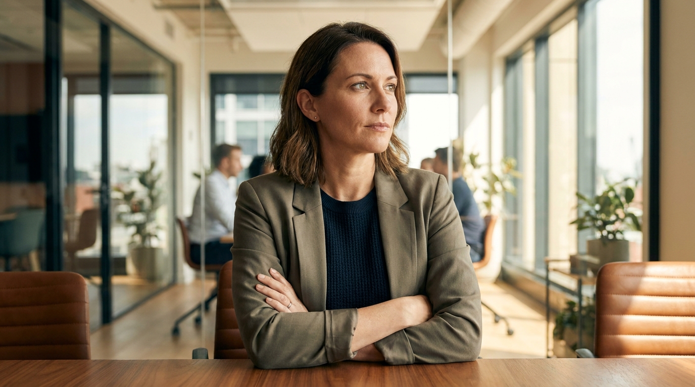 Femme déterminée assise à une table de réunion en entreprise