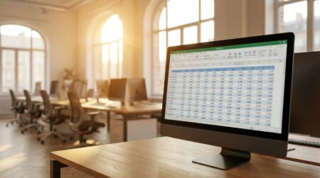 Écran d'ordinateur affichant une grille salariale dans un bureau
