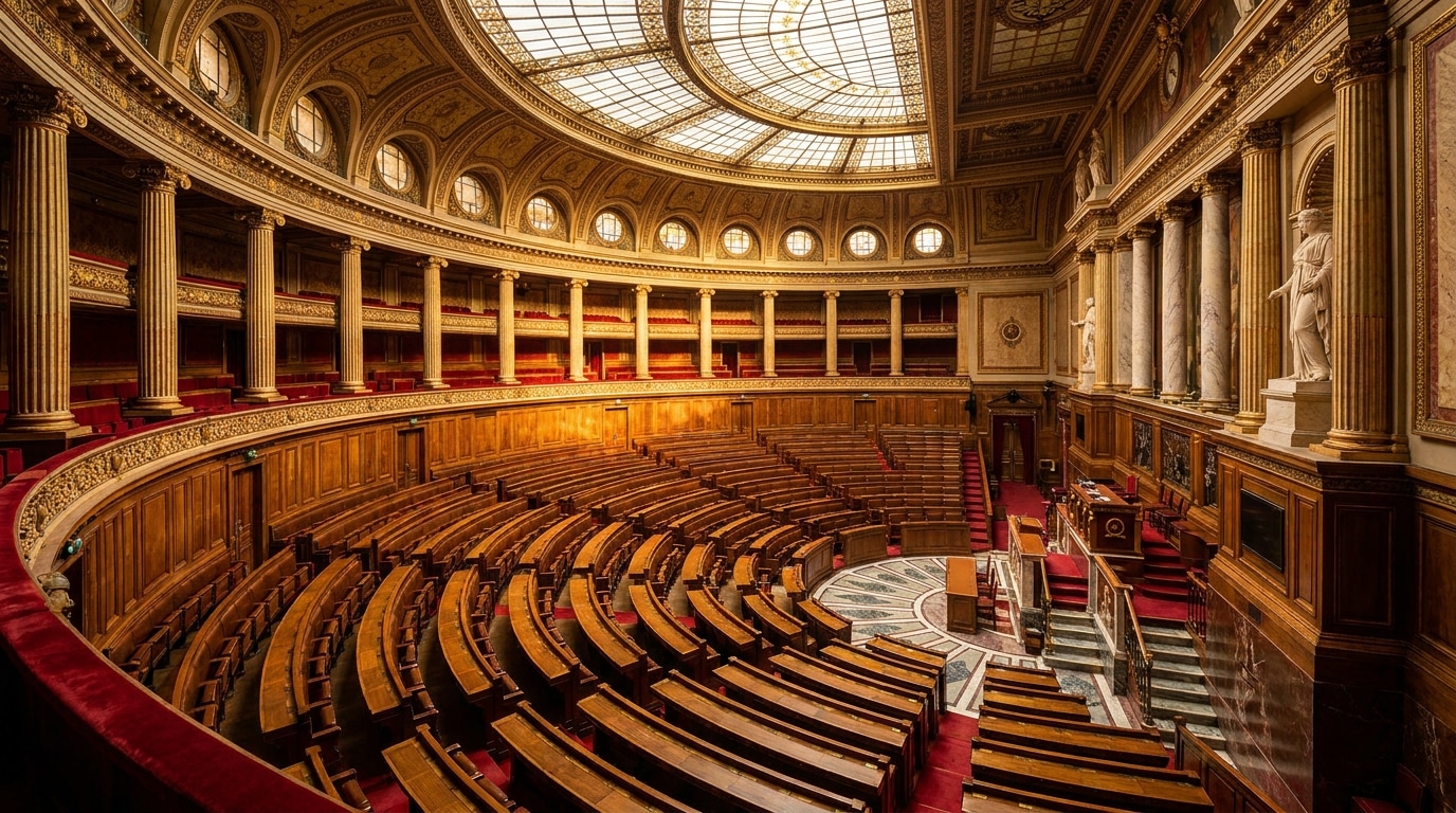 Hémicycle vide de l'Assemblée nationale française vu du dessus