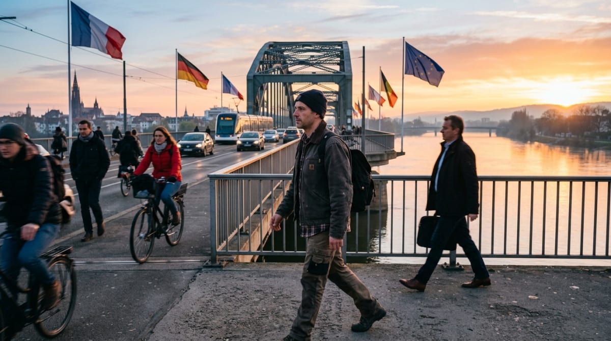 Travailleur frontalier traversant le pont entre Strasbourg et l'Allemagne