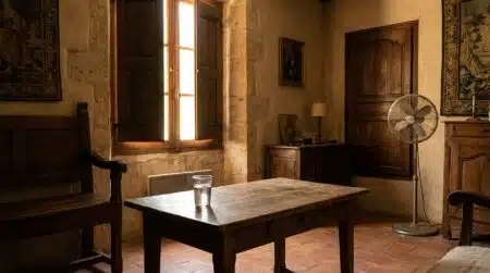 Salon vide aux volets fermés pendant une canicule