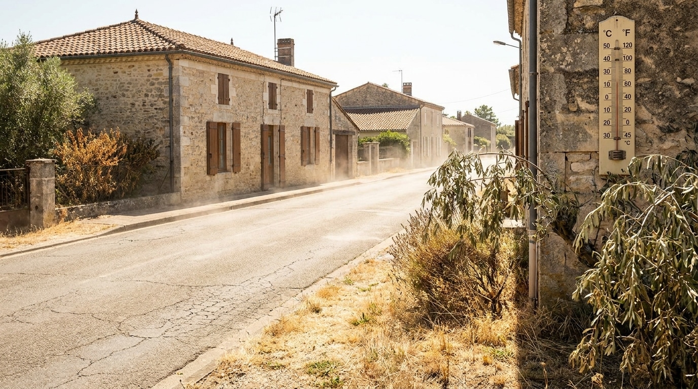 Rue déserte d'une commune bordelaise sous la chaleur